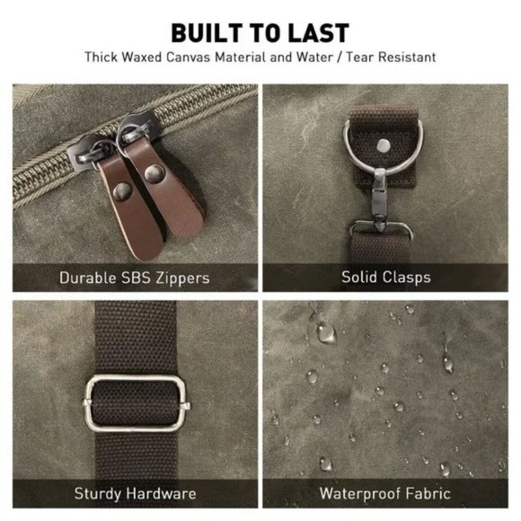 New Expandable Canvas Genuine Leather Duffle Bag Khaki Gray - Picture 4 of 8